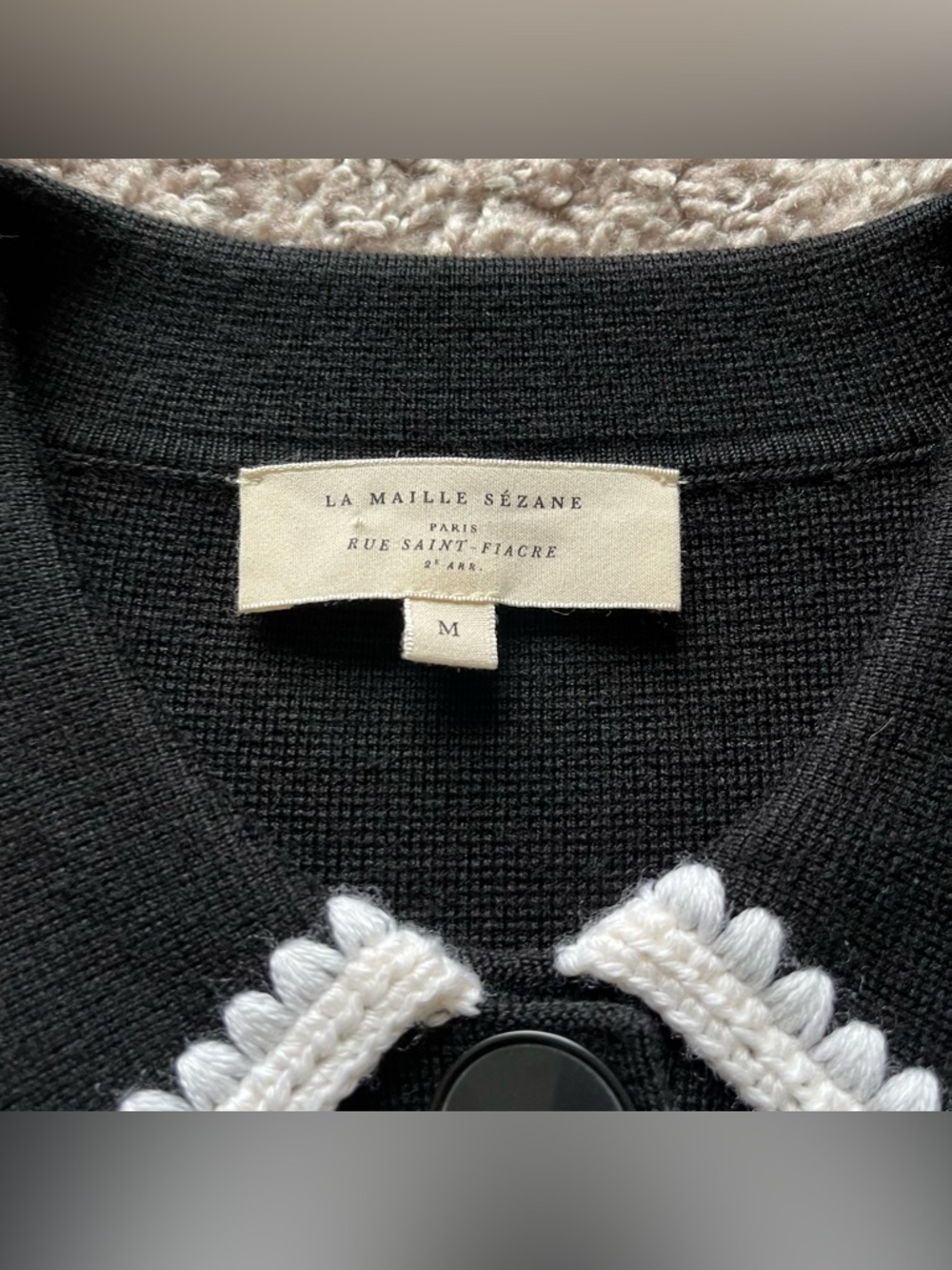 Women's Sezane Betty Cardigan in Black and Ecru Crochet size Medium 100% Merino - Picture 6 of 11